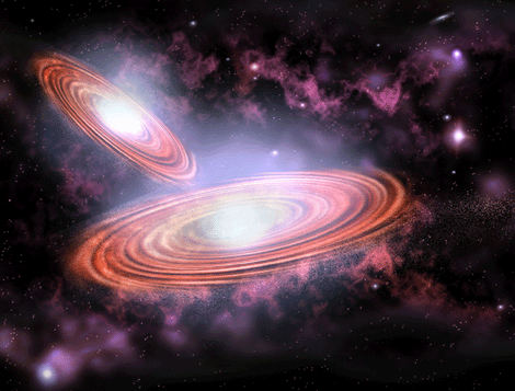 Recreación artística de sistema binario de dos agujeros negros. (Nature)